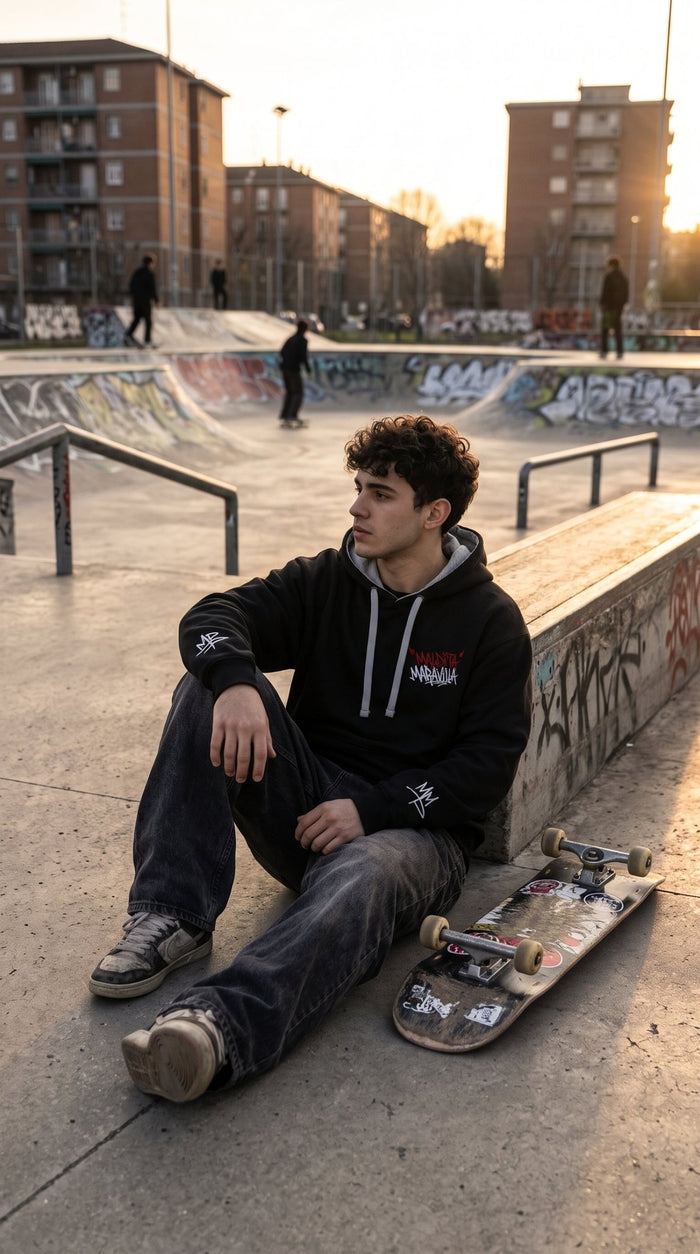 Chico con la sudadera Maldita Maravilla en un skatepark