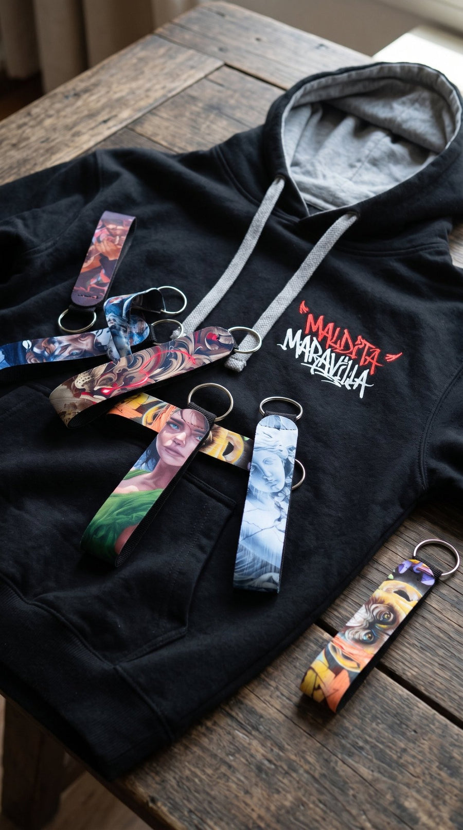 Llaveros de edición limitada sobre la sudadera Maldita Maravilla